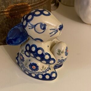 Boleslawiec Polish Pottery Bunny Rabbit Holding Easter Egg Handmade Figurine
